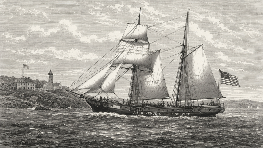 Vintage engraving of a United States Revenue Cutter Service vessel sailing along the American coastline