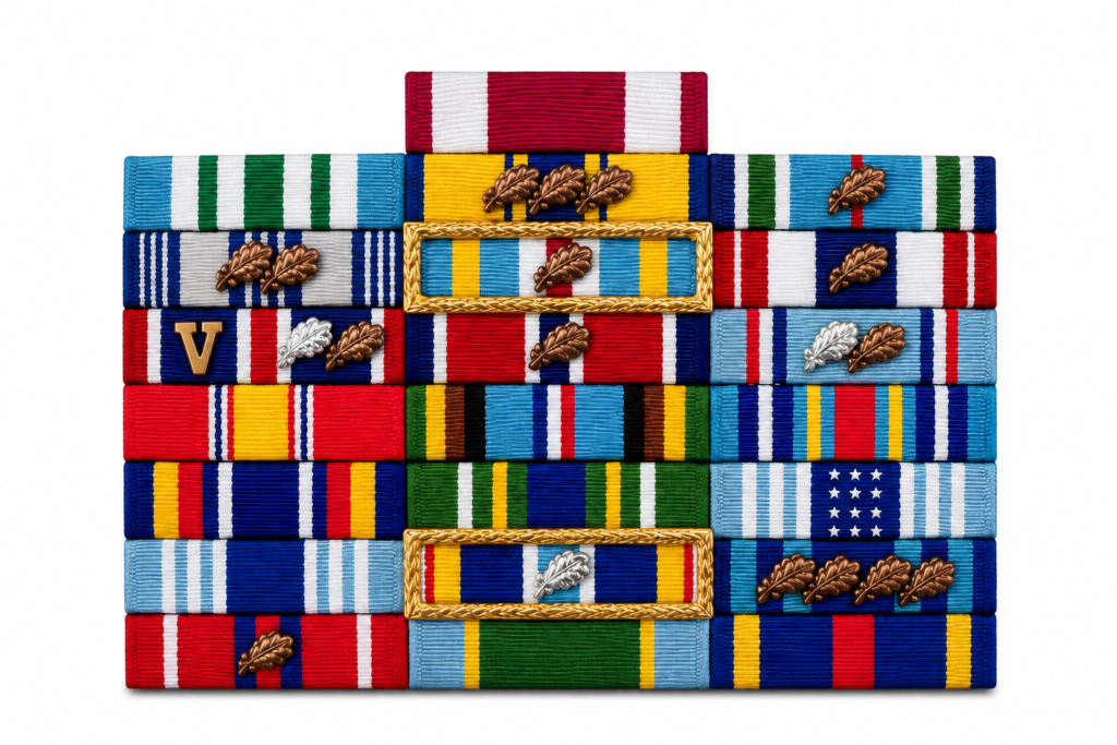 military ribbon rack displaying multiple awards, decorations, and service devices - SuperThin Ribbons