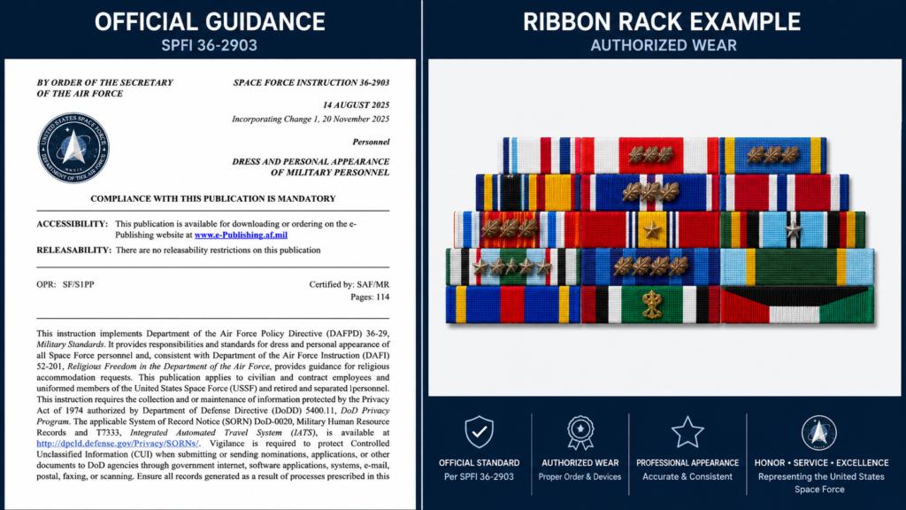 Official Space Force Instruction 36-2903 document displayed alongside a military ribbon rack showing proper ribbon placement and wear guidance.