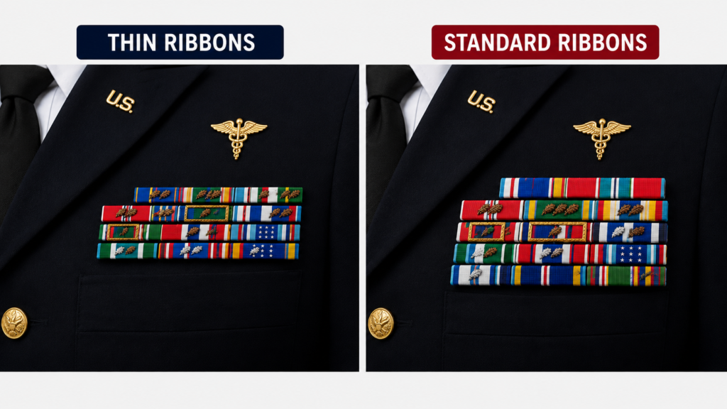 Thin ribbons vs standard ribbons comparison on military dress uniform showing the difference in ribbon rack thickness and appearance - SuperThin Ribbons